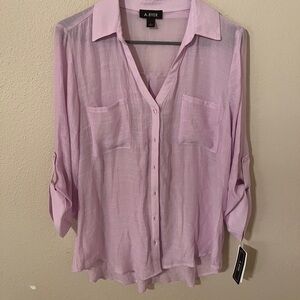 A. Byer Women's Semi-Sheer Light Orchid Front Button Closure Blouse NWT Size L